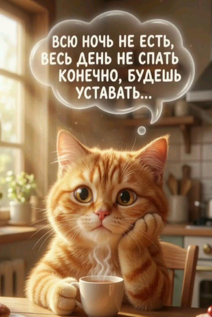 Кот раскрывает секрет усталости: не есть и не спать!